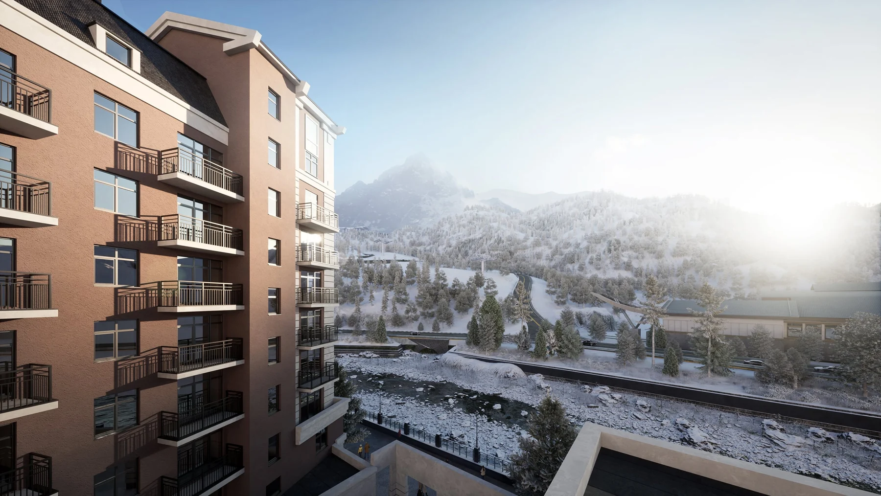 LEEPRIME Residences — Корпус LEEPRIME Residences и вид на горы. Визуализация.