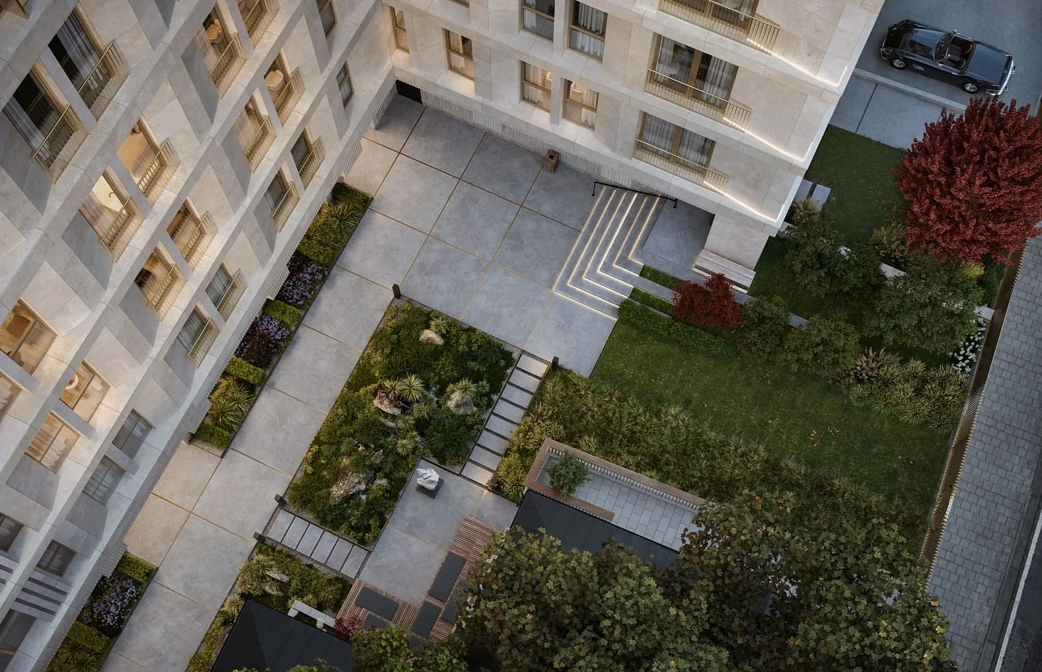 Вид сверху на сад и места отдыха во внутреннем дворе Armani/Casa Moscow Residences