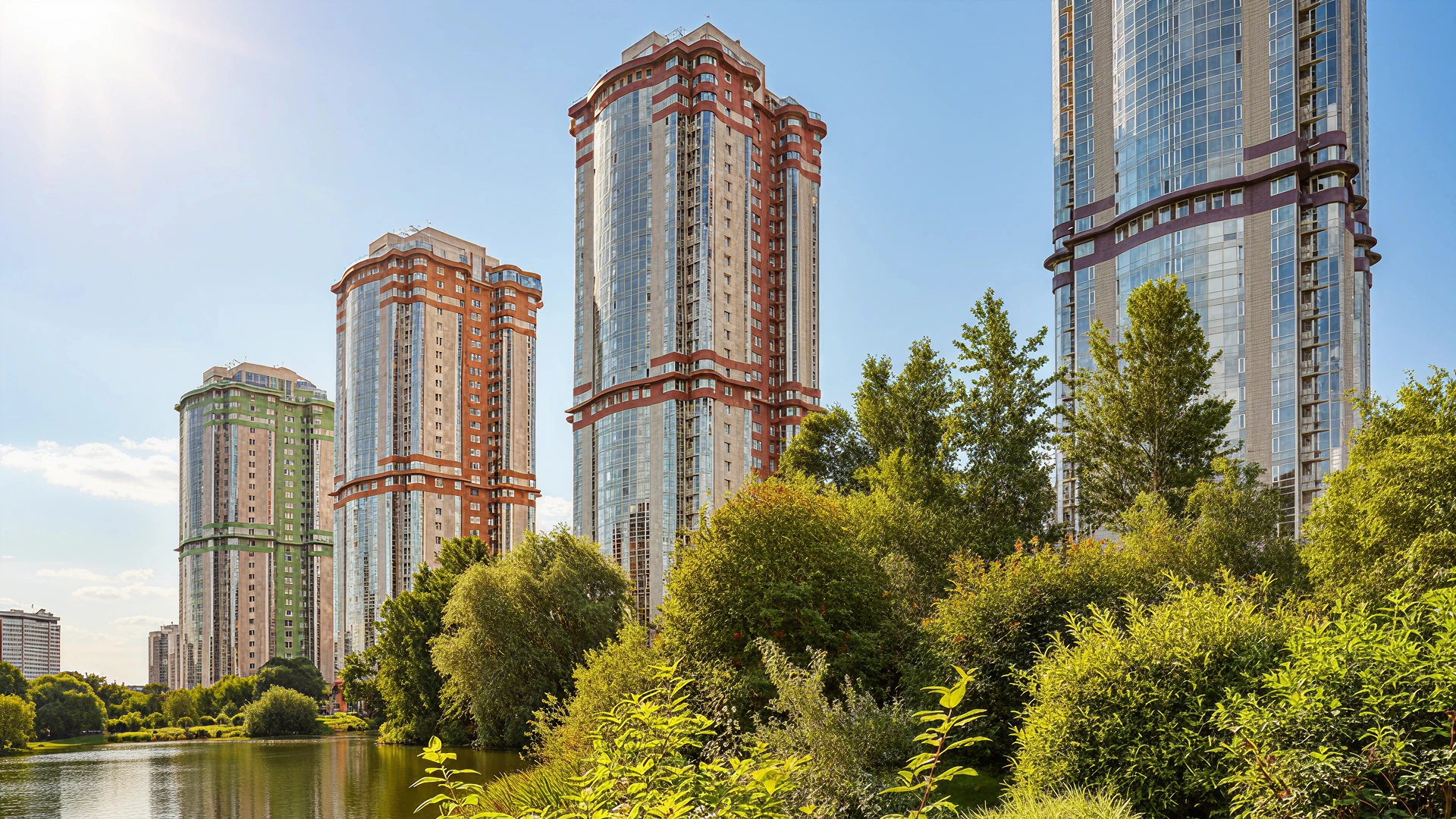 Миракс Парк Mirax Park — Четыре башни «Миракс Парка» у озера
