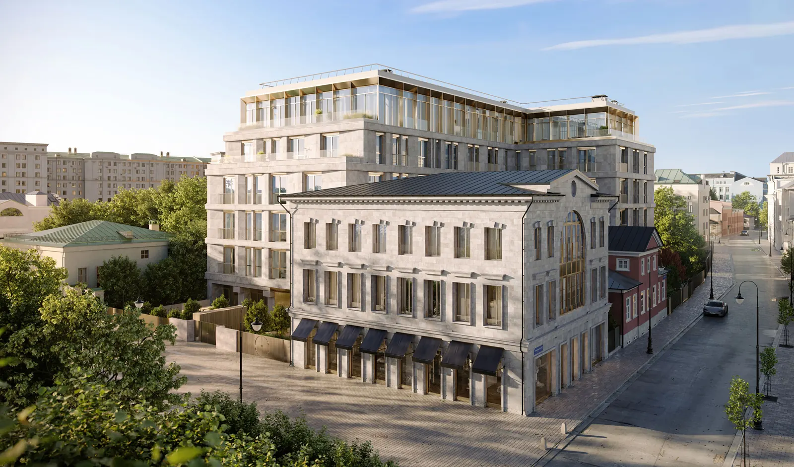 Объём здания Armani/Casa Moscow Residences со стороны уличного угла