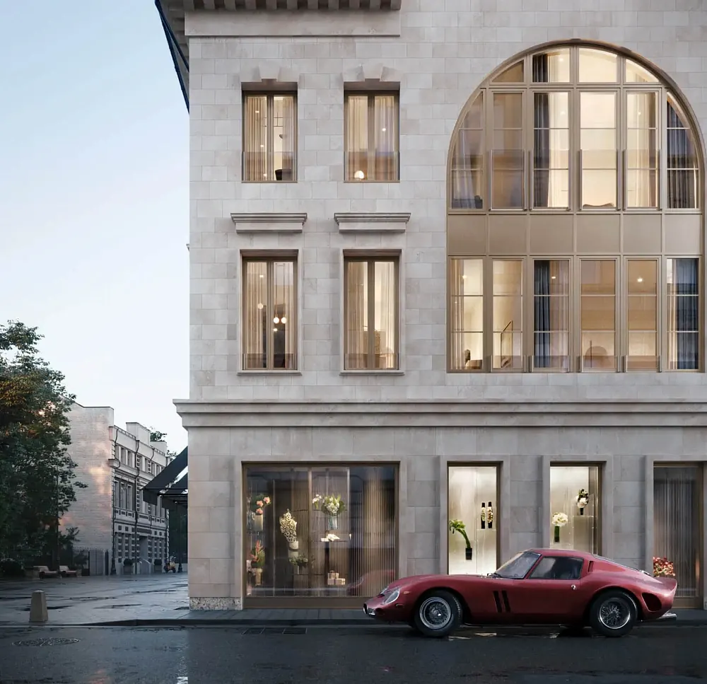 Камерный фасад Armani/Casa Moscow Residences с высокими арочными окнами