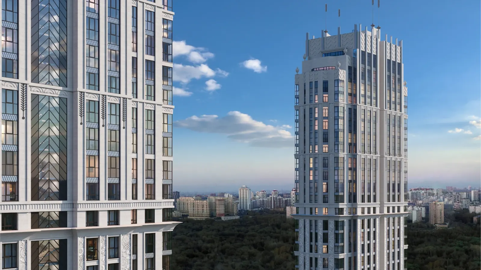 Высотные корпуса SPIRES со светлыми фасадами и видом на Москву