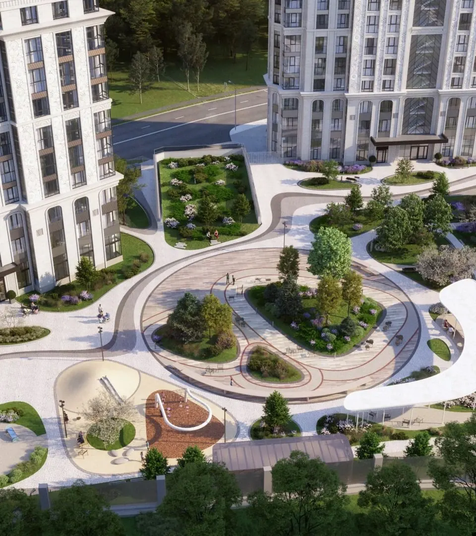 Вид сверху на озеленённый двор SPIRES с плавными дорожками и зонами отдыха